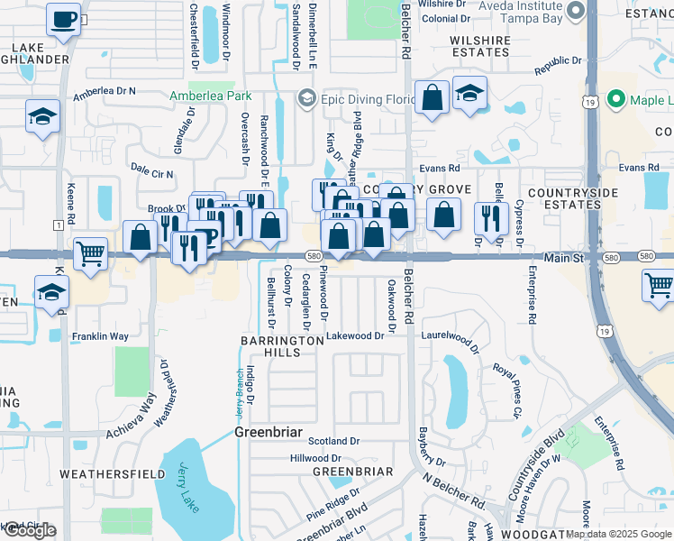 map of restaurants, bars, coffee shops, grocery stores, and more near 2678 Pinewood Drive in Dunedin