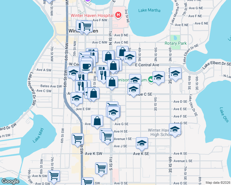 map of restaurants, bars, coffee shops, grocery stores, and more near 119 Avenue C Southwest in Winter Haven