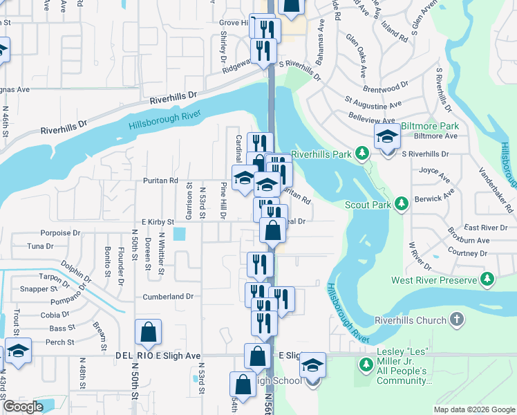 map of restaurants, bars, coffee shops, grocery stores, and more near 5506 East Kirby Street in Tampa