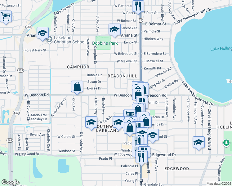 map of restaurants, bars, coffee shops, grocery stores, and more near in Lakeland