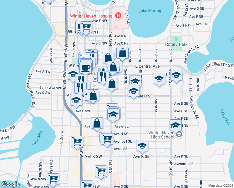 map of restaurants, bars, coffee shops, grocery stores, and more near 119 Avenue C Southwest in Winter Haven