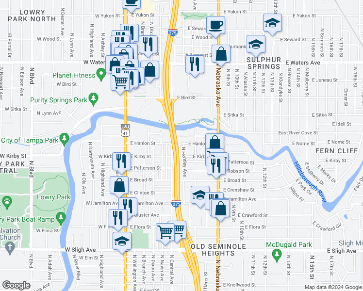 map of restaurants, bars, coffee shops, grocery stores, and more near 7710 North Huntley Avenue in Tampa