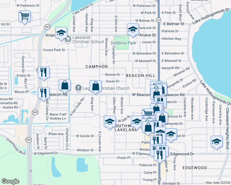 map of restaurants, bars, coffee shops, grocery stores, and more near 616 West Beacon Road in Lakeland
