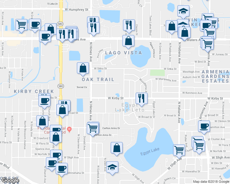 map of restaurants, bars, coffee shops, grocery stores, and more near 3305 West Kirby Street in Tampa
