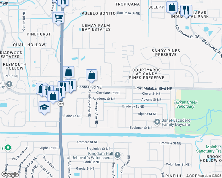 map of restaurants, bars, coffee shops, grocery stores, and more near 1947 Cleveland Street Northeast in Palm Bay