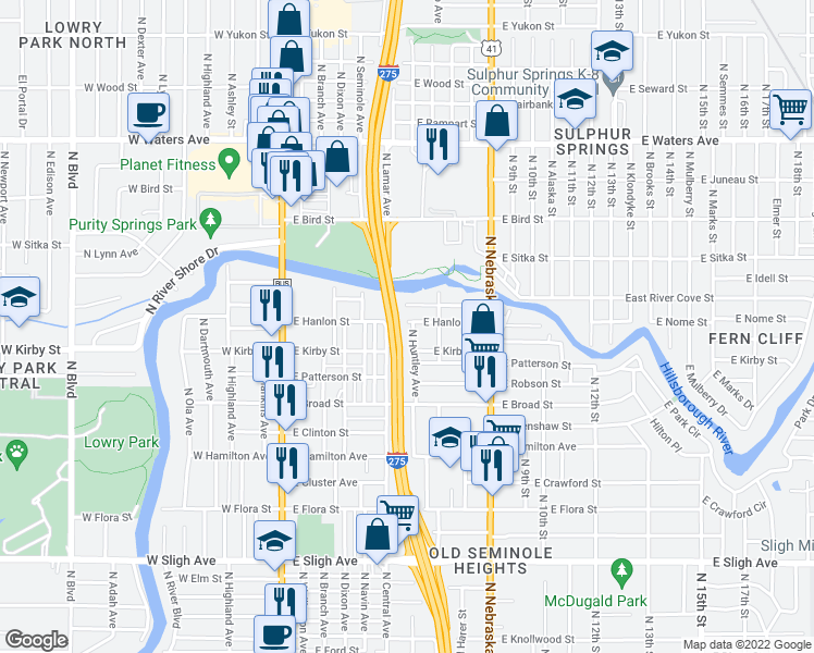 map of restaurants, bars, coffee shops, grocery stores, and more near 7710 North Huntley Avenue in Tampa