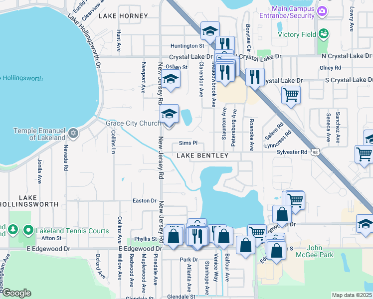 map of restaurants, bars, coffee shops, grocery stores, and more near 1640 Sylvester Road in Lakeland