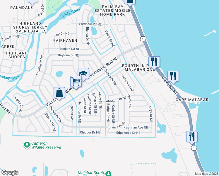 map of restaurants, bars, coffee shops, grocery stores, and more near 900 Canada Street Northeast in Palm Bay