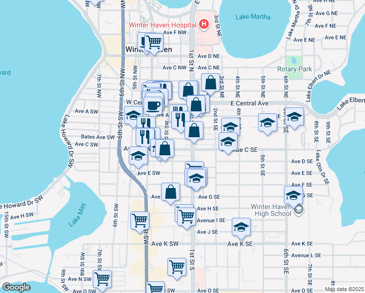map of restaurants, bars, coffee shops, grocery stores, and more near 123 Avenue C Southwest in Winter Haven