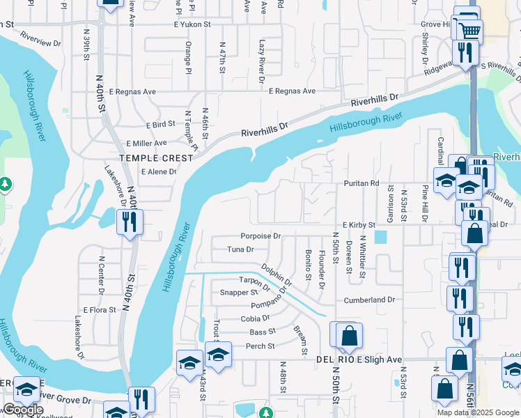 map of restaurants, bars, coffee shops, grocery stores, and more near 4947 Puritan Circle in Tampa