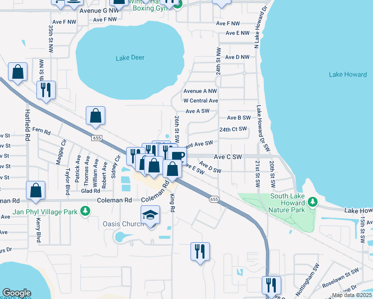 map of restaurants, bars, coffee shops, grocery stores, and more near 2450 Brent Avenue Southwest in Winter Haven