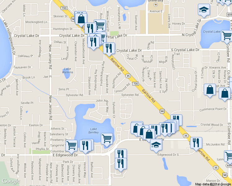 map of restaurants, bars, coffee shops, grocery stores, and more near 1905 Sylvester Court in Lakeland