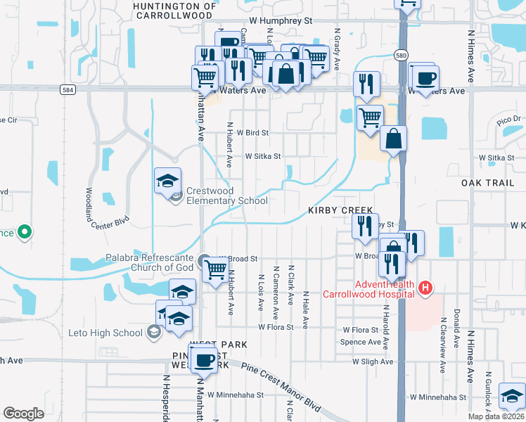 map of restaurants, bars, coffee shops, grocery stores, and more near 7811 Marigold Avenue in Tampa