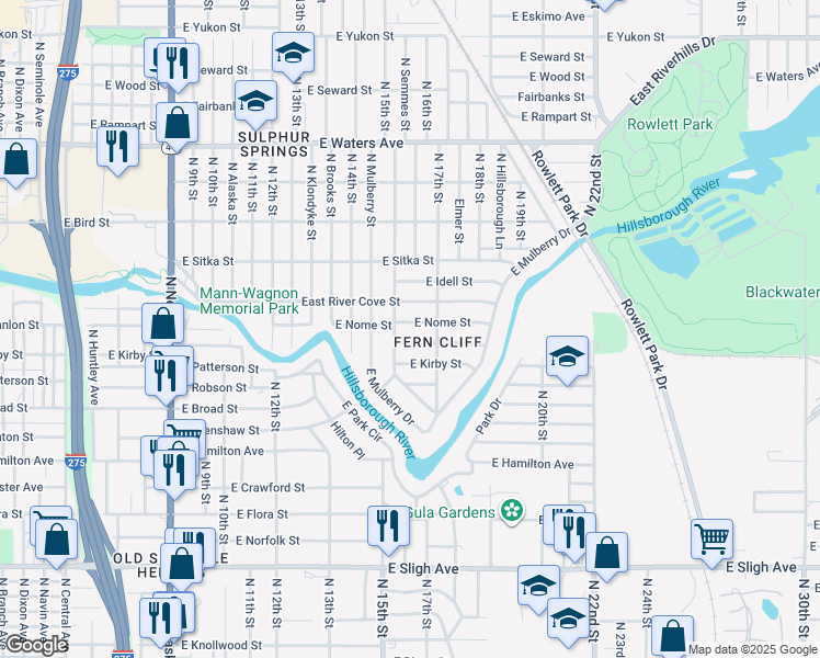 map of restaurants, bars, coffee shops, grocery stores, and more near 1607 East Nome Street in Tampa