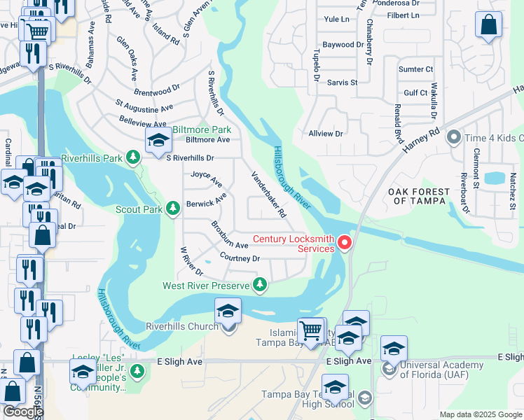 map of restaurants, bars, coffee shops, grocery stores, and more near 723 Grand Circle in Tampa