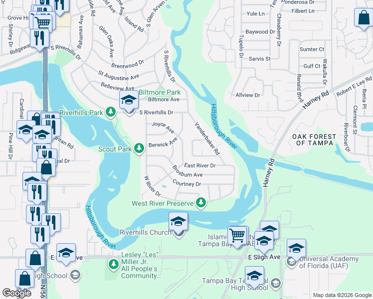 map of restaurants, bars, coffee shops, grocery stores, and more near 714 East River Drive in Tampa