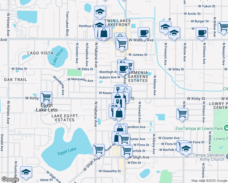 map of restaurants, bars, coffee shops, grocery stores, and more near 2602 West Kenmore Avenue in Tampa