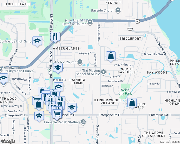 map of restaurants, bars, coffee shops, grocery stores, and more near 3042 Dominion Court in Safety Harbor