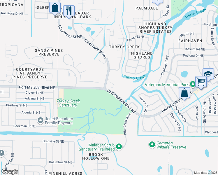 map of restaurants, bars, coffee shops, grocery stores, and more near 1801 Port Malabar Boulevard Northeast in Palm Bay