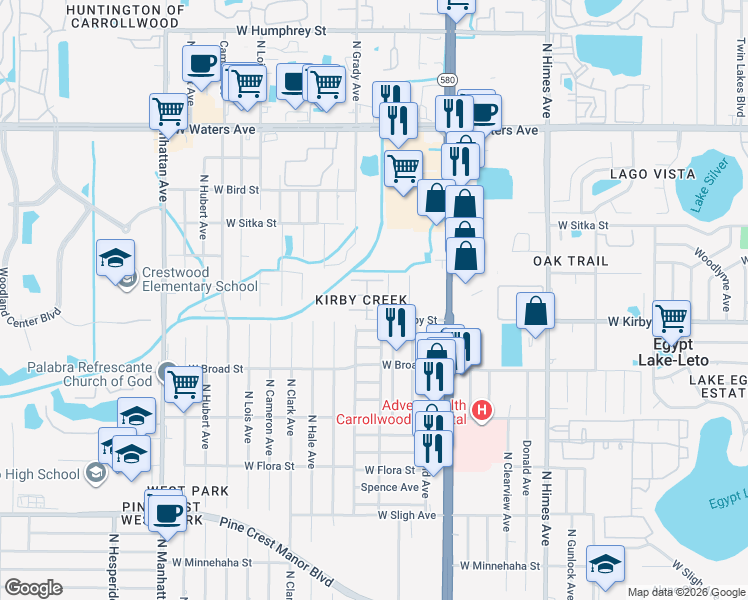 map of restaurants, bars, coffee shops, grocery stores, and more near 3918 Pine Limb Court in Tampa
