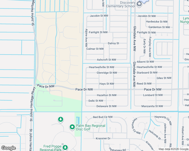 map of restaurants, bars, coffee shops, grocery stores, and more near 1840 Cyclone Street Northwest in Palm Bay
