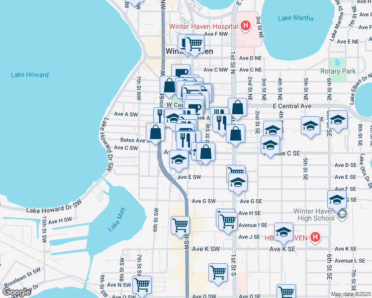 map of restaurants, bars, coffee shops, grocery stores, and more near 300 3rd Street Southwest in Winter Haven