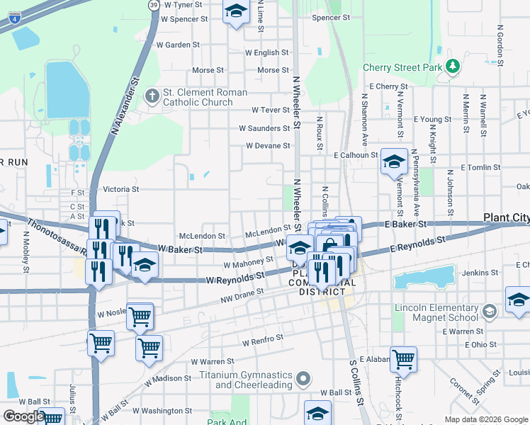 map of restaurants, bars, coffee shops, grocery stores, and more near 509 North Walker Street in Plant City