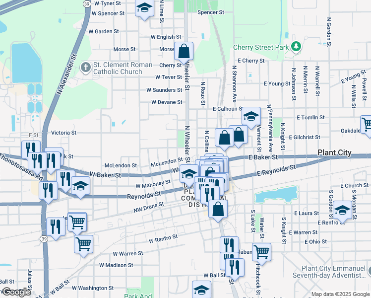 map of restaurants, bars, coffee shops, grocery stores, and more near 507 North Wheeler Street in Plant City