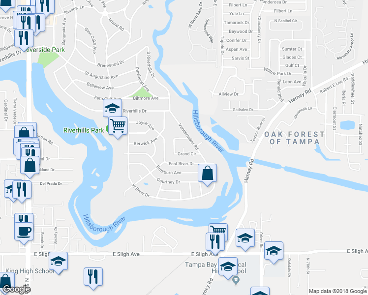 map of restaurants, bars, coffee shops, grocery stores, and more near 777 Grand Court in Tampa