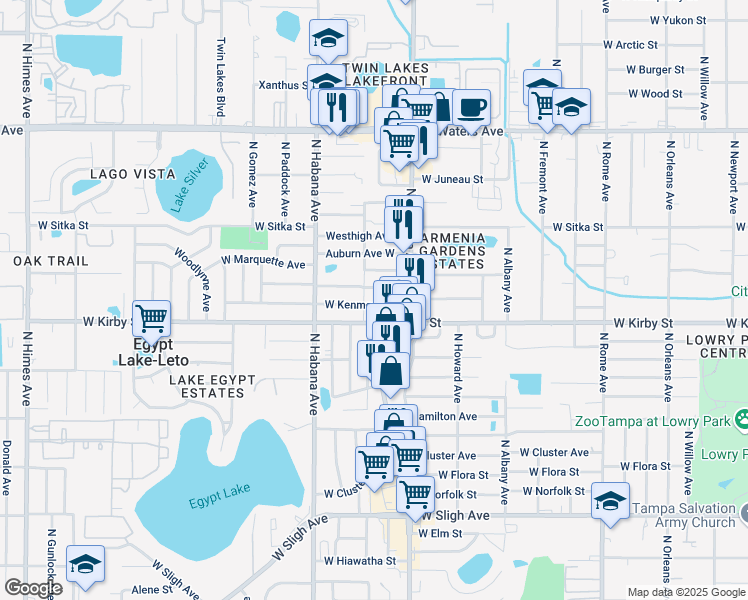 map of restaurants, bars, coffee shops, grocery stores, and more near 2602 West Kenmore Avenue in Tampa