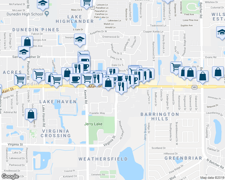 map of restaurants, bars, coffee shops, grocery stores, and more near 1625 Main Street in Dunedin