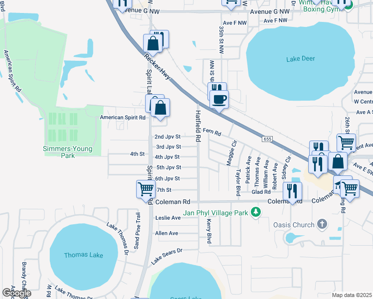 map of restaurants, bars, coffee shops, grocery stores, and more near 103 4th Jpv Street in Winter Haven