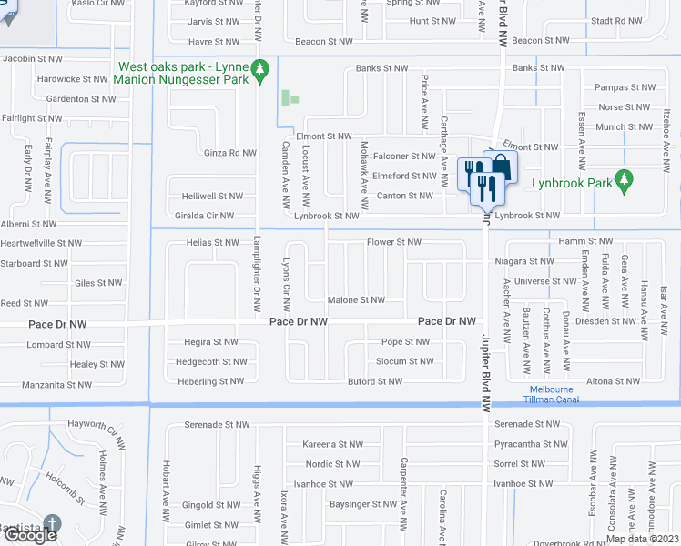 map of restaurants, bars, coffee shops, grocery stores, and more near 844 Tyrol Avenue Northwest in Palm Bay