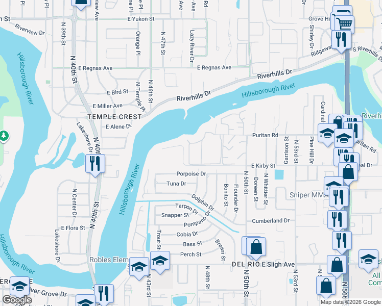 map of restaurants, bars, coffee shops, grocery stores, and more near 4965 Puritan Circle in Tampa