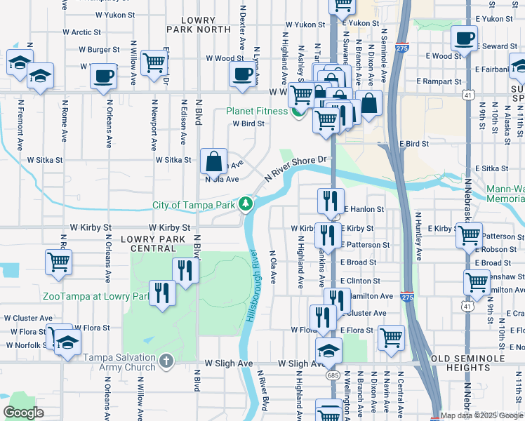 map of restaurants, bars, coffee shops, grocery stores, and more near 7710 North Ola Avenue in Tampa