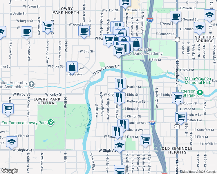 map of restaurants, bars, coffee shops, grocery stores, and more near 7801 North Highland Avenue in Tampa