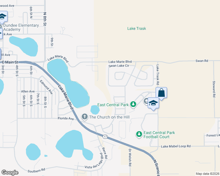 map of restaurants, bars, coffee shops, grocery stores, and more near 1491 Swan Lake Circle in Dundee
