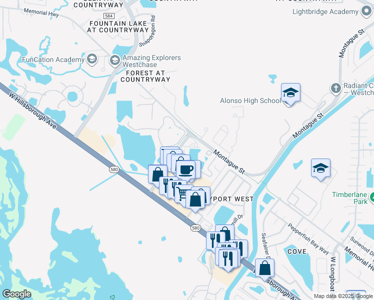 map of restaurants, bars, coffee shops, grocery stores, and more near 11609 Colony Lake Drive in Tampa
