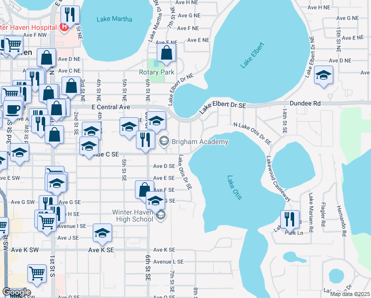 map of restaurants, bars, coffee shops, grocery stores, and more near 300 Lake Otis Drive Southeast in Winter Haven