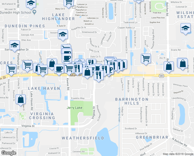 map of restaurants, bars, coffee shops, grocery stores, and more near 1645 Main Street in Dunedin