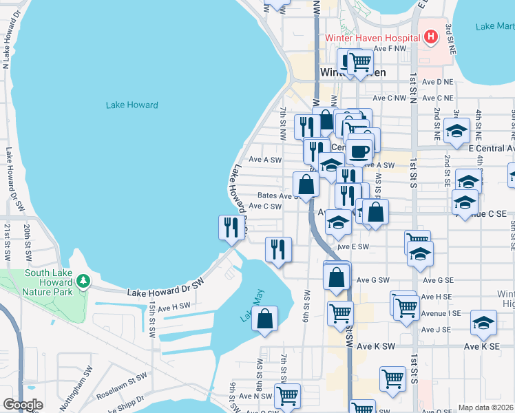 map of restaurants, bars, coffee shops, grocery stores, and more near 749 Carroll Avenue Southwest in Winter Haven
