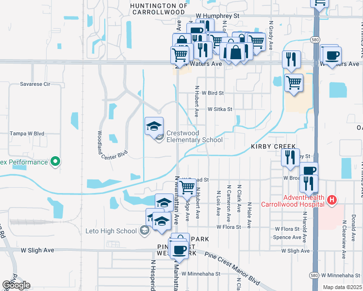 map of restaurants, bars, coffee shops, grocery stores, and more near 7801 North Manhattan Avenue in Tampa