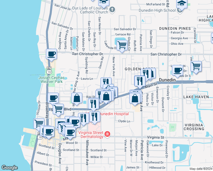 map of restaurants, bars, coffee shops, grocery stores, and more near 1133 Orange Avenue in Dunedin