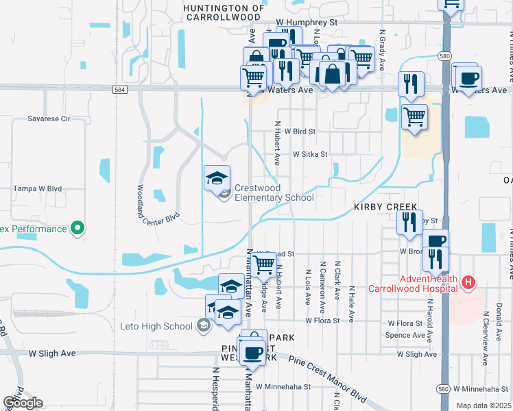 map of restaurants, bars, coffee shops, grocery stores, and more near 7801 North Manhattan Avenue in Tampa