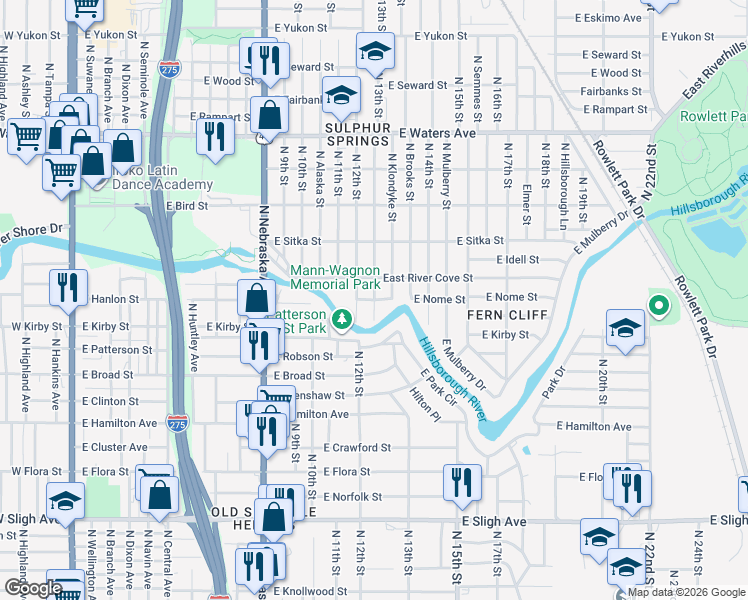 map of restaurants, bars, coffee shops, grocery stores, and more near 1303 East Nome Street in Tampa