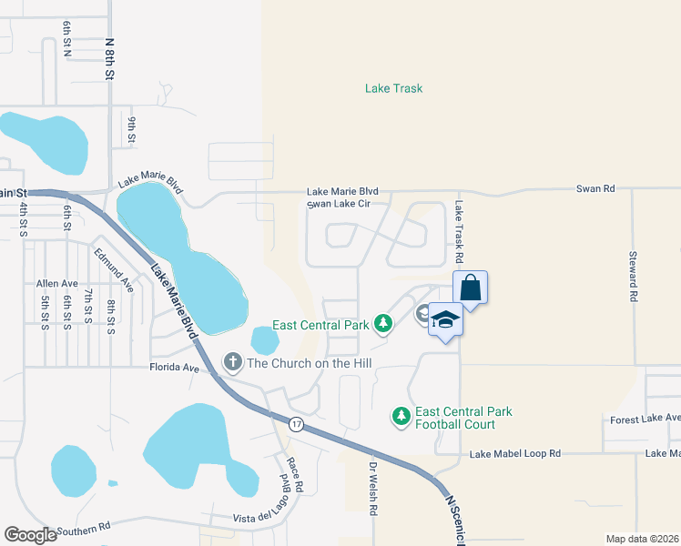 map of restaurants, bars, coffee shops, grocery stores, and more near 1463 Swan Lake Circle in Dundee