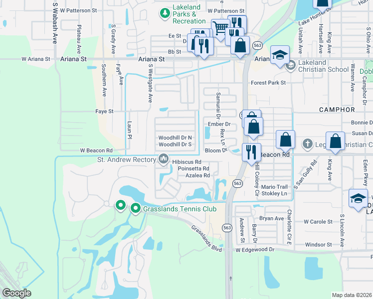 map of restaurants, bars, coffee shops, grocery stores, and more near 106 Hibiscus Road in Lakeland