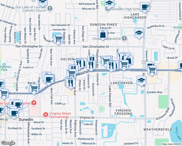 map of restaurants, bars, coffee shops, grocery stores, and more near 1152 Angle Road in Dunedin