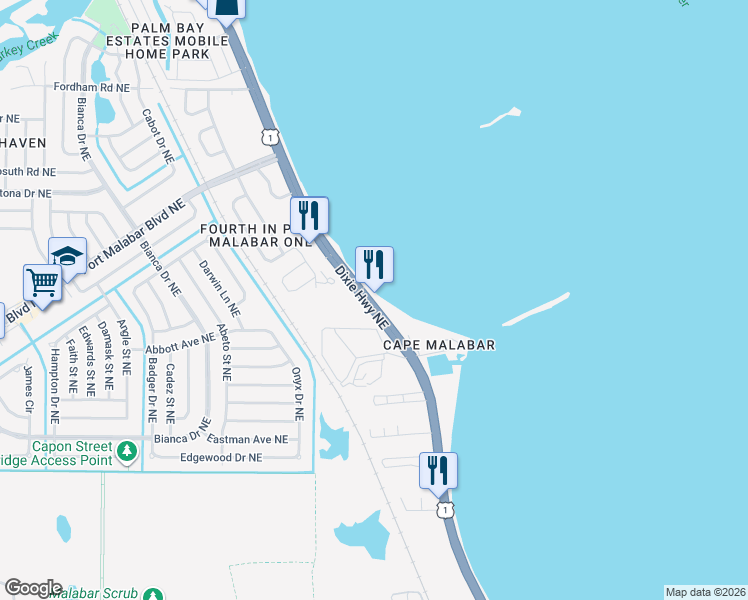 map of restaurants, bars, coffee shops, grocery stores, and more near 4845 Dixie Highway Northeast in Palm Bay
