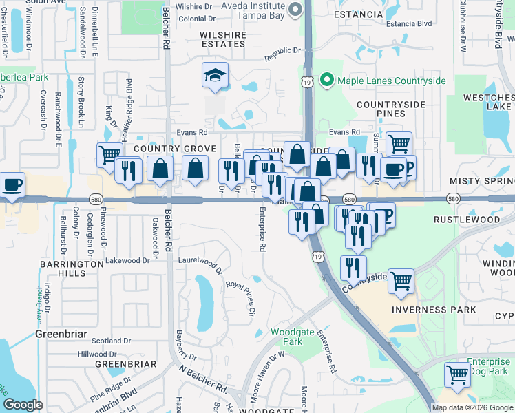 map of restaurants, bars, coffee shops, grocery stores, and more near 2690 Enterprise Road in Clearwater
